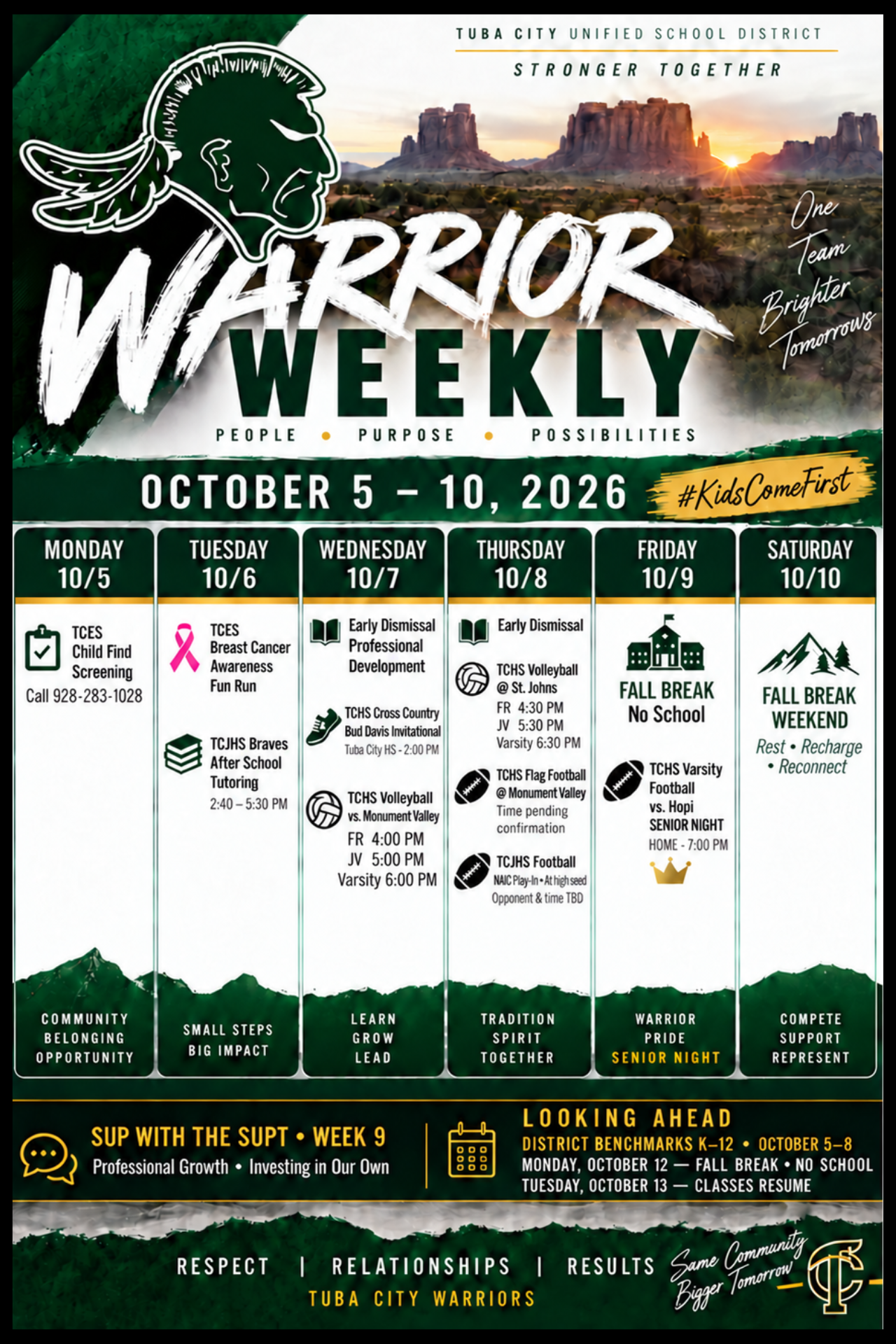 A digital flyer titled "Warrior Weekly" displays the school schedule for October 5-10, 2026, featuring green and white school colors and a desert landscape header.
